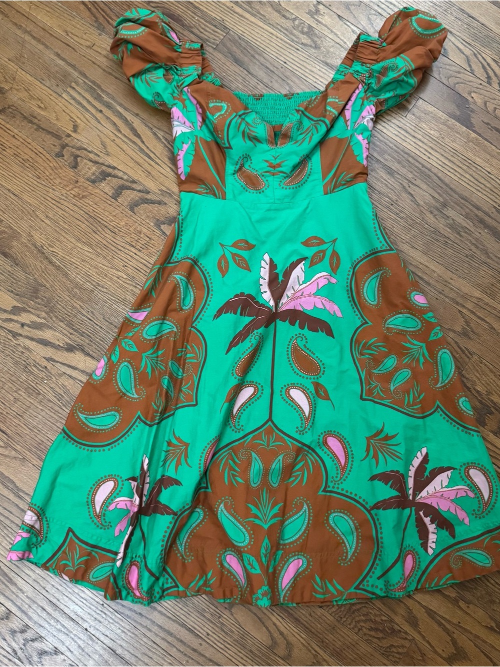 Anthropologie Maeve Puff-sleeve Sweetheart Dress Green Motif Midi Dress 12P EUC